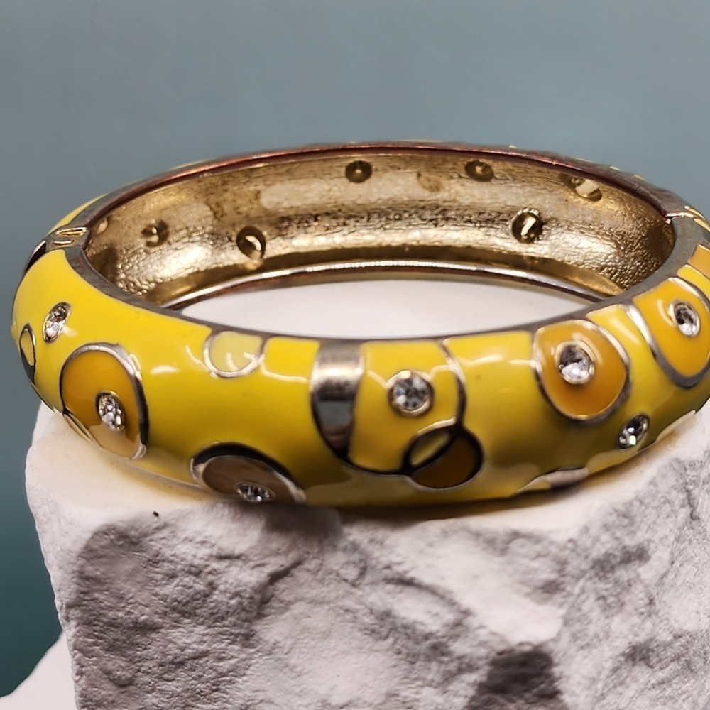 Yellow Enamel Rhinestone Bangle Bracelet Silver Tone Retro Mod Whimsy Statement